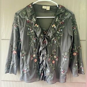 J Jill Embroidered Floral Gray Mesh Ruffle Tie Front Cardigan XS Forest Fairy